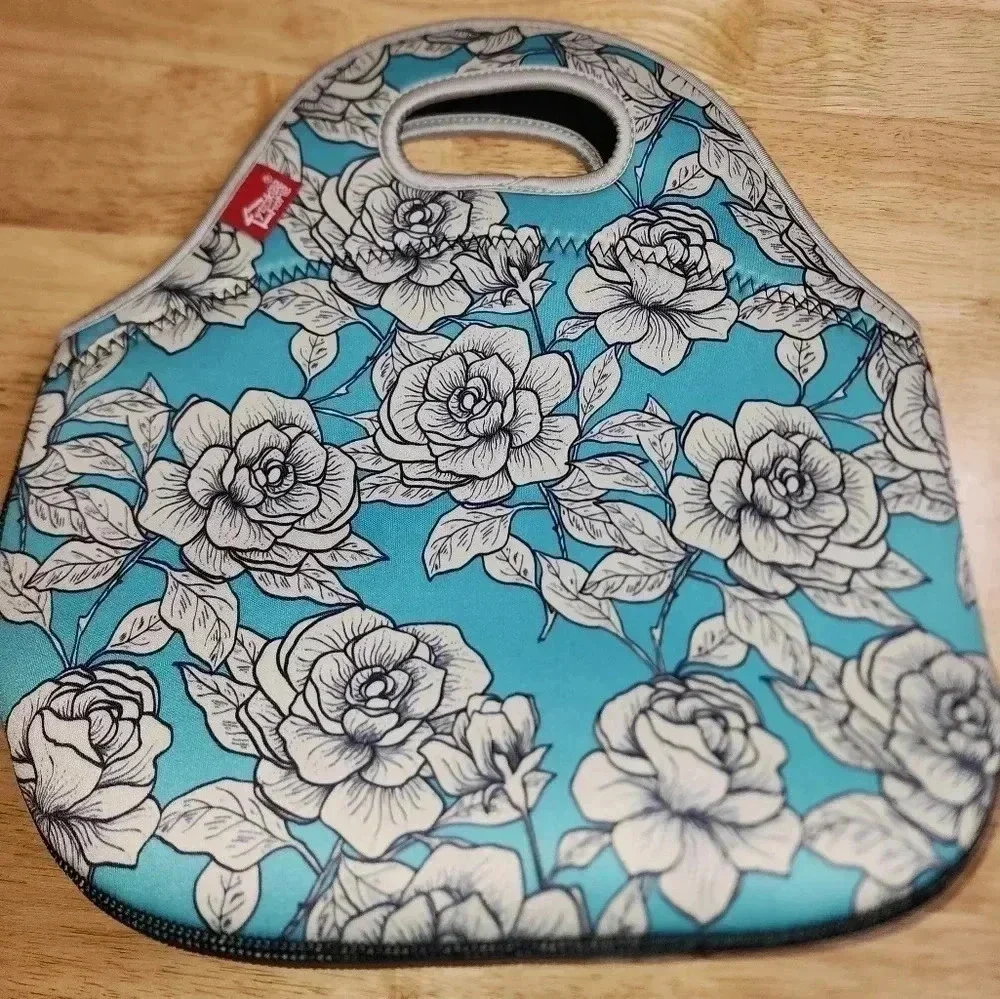 Floral Print Neoprene Insulated Lunch Tote With Zipper